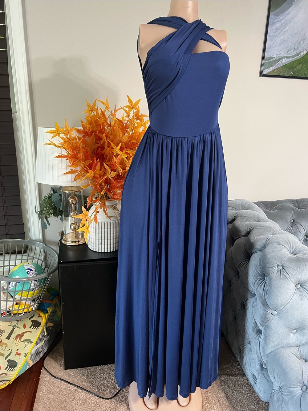 Sleeveless One-Shoulder Navy Blue Maxi Dress